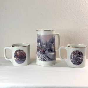 Thomas Kinkade Hallmark Pitcher and 2 coffee mugs Christmas Holiday